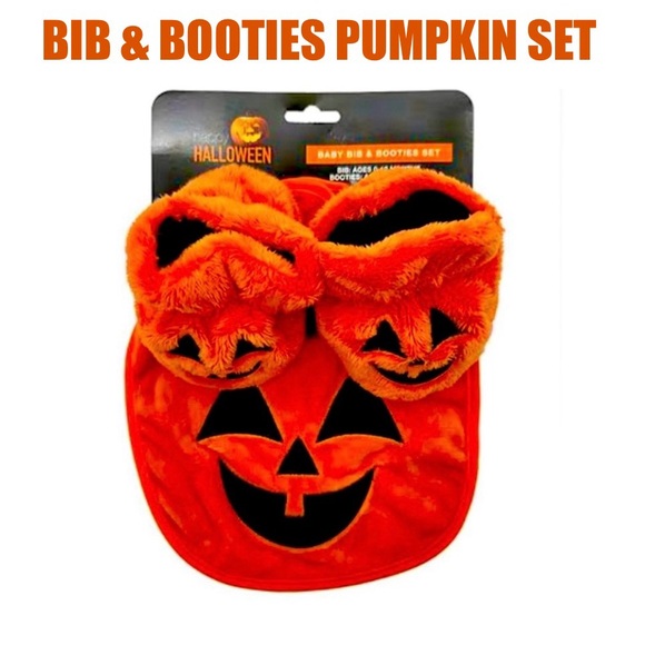 🎃 HAPPY HALLOWEEN Baby Bib & Booties pumpkin Set size 0-12 months NWT - Picture 2 of 7
